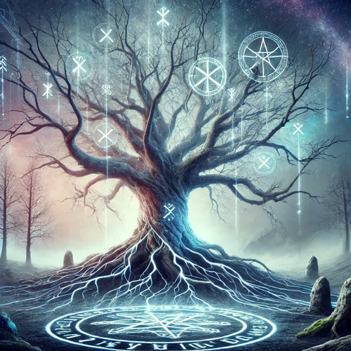 Représentation artistique de Yggdrasil, connectant les neuf mondes avec ses racines et branches majestueuses.