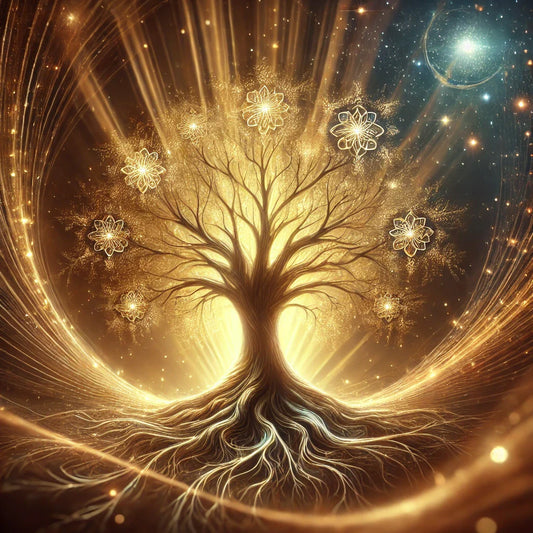 Cette représentation mystique de l'Arbre de Vie incarne la spiritualité, l'équilibre et la connexion entre la terre et le ciel.