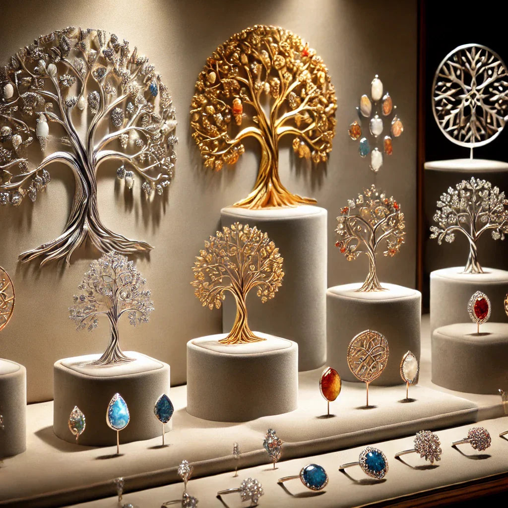 Cette image présente une variété de bijoux Arbre de Vie fabriqués en différents matériaux, chacun apportant sa propre signification spirituelle et esthétique.