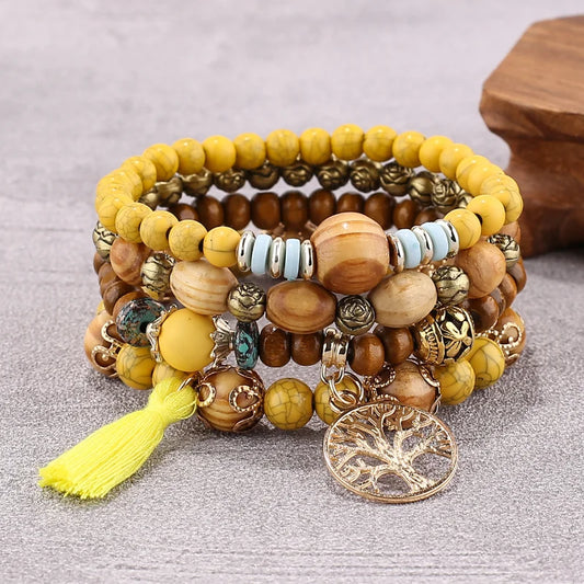 Bracelet perles bois Jaune